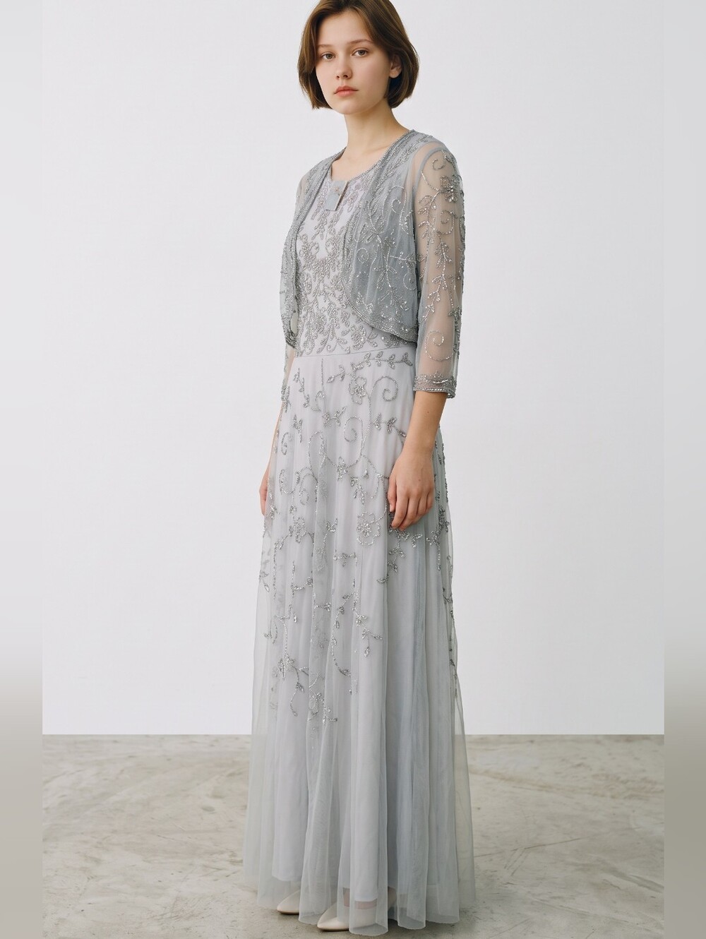 Pisarro Nights Embellished Cocktail Dress with Open Front Jacket Gray..Size 12